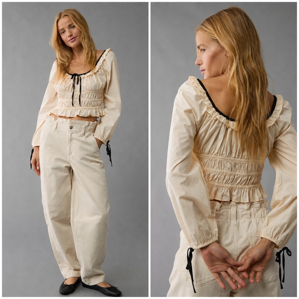 American Eagle Milkmaid Puff Sleeve Smocked Peasant Crop Top XL Boho